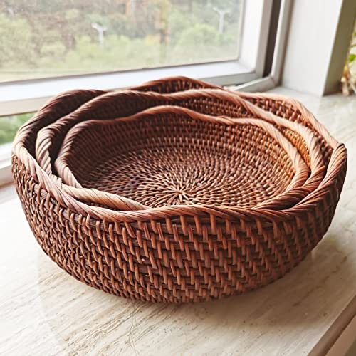 3 Pack Rattan Round Fruit Basket Food Storage Bowls Kitchen Organizer Snack Serving Bowl 9 10 11 Inch Wavy Edge Circle Tray Basket With 3” Deep Wall, Dark Brown Décor Display Tray Bowl 3-Size #TOP4
