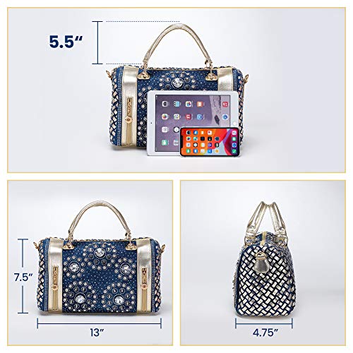 Modoker Bling Purses for Women, Jeans Rhinestone Top Handbags, Shiny Denim Bags with Adjustable Strap, Dark Blue