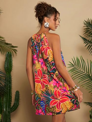 Image of KATECLO Women's Summer Halter Neck Printed Mini Dress - Casual Loose Fit Sleeveless Boho Beach Dress, Lightweight Vacation Sundress for Women
