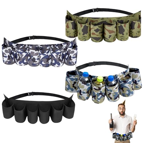 Aliceset 4 Pack Bear Belt Holster with 6 Holders Adjustable Camouflage Beer Soda Can Holster Belt Beer Waist Pack for Can Drink Bottle Men Women Party, Drinking, Picnics, Hiking Accessories, 4 Colors