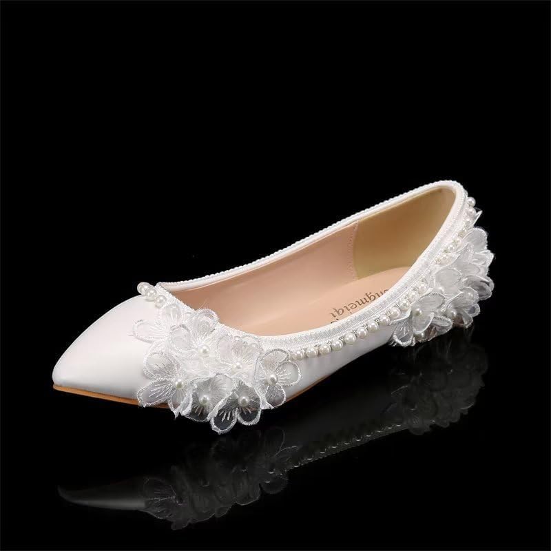 Dress First Women Low Heel Closed Toe Pumps Pointy Wedding Bridal Shoes with Stitching Lace4