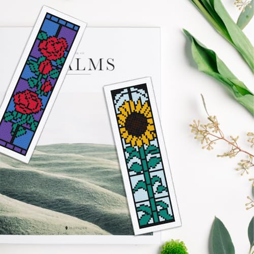 Image of INFUNLY 6 Set Rose Window Cross Stitch Bookmark Kits for Beginners DIY Red Rose Embroidery Bookmark Kits with Instructions Flower Window Pre-Printed Bookmark Kit for Book Lovers Readers Women Gifts