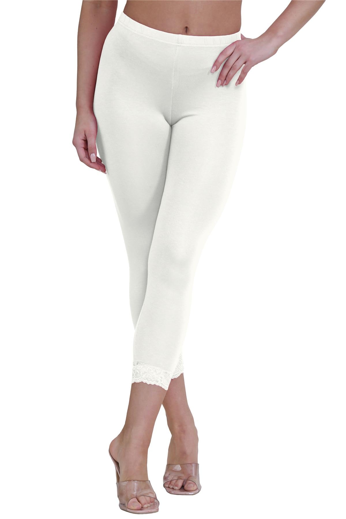 Hamishkane Ladies Plain Lace Trim Stretchy 3/4 Length Capri Jegging Crop Leggings Pants Cream