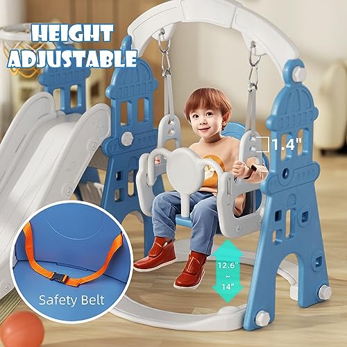 XJD 5-in-1 Toddler Slide and Swing Set, Kids Slide for Toddlers Age 1+, Toddler Outdoor Playset with Basketball Hoop, Swing, Outdoor Indoor Playground for Toddlers 1-3 (Blue)