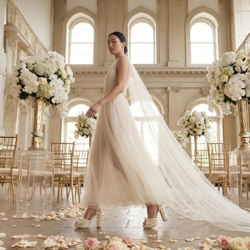 Image of Goolita Womens Open Toe Pearl Platform Heels For Women Chunky Buckle Ankle Strap Wedding Heeled Sandals Dress Evening Bride Bridal Shoes