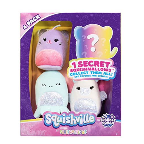 Squishville by Original Squishmallows Sparkle Squad Plush, Four 2-Inch Squishmallows Plush Including Mina, Darby, and Nara