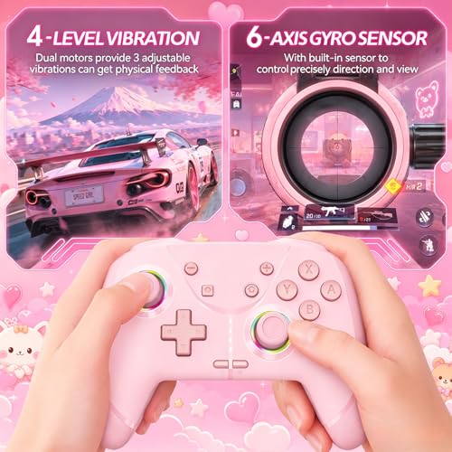 Image of Switch Controller, Wireless Pro Controller for Nintendo Switch 2 /Switch /Lite /OLED, Bluetooth controllers Compatible with iPhone /Mac /iPad /iOS /Android /Phone /PC /Steam and TV with Programming /RGB4 /Vibration / 3 Turbo Modes /6-Axis /Motion (Pink)