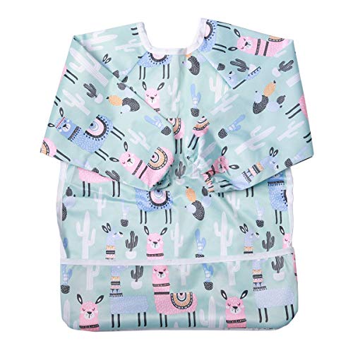 Baby Bib Sleeved Shirt with Pocket 1-3 Years Old Toddler Painting Drawing (Green Alpaca)