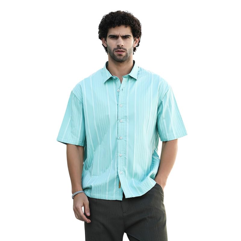 Image of CAHOOT Men's Oversized Shirt for Casual Wear | Cuban Collar | Short Regular Sleeves | Button Closure | Oversized Shirt Crafted with Comfort Fit for Everyday Wear