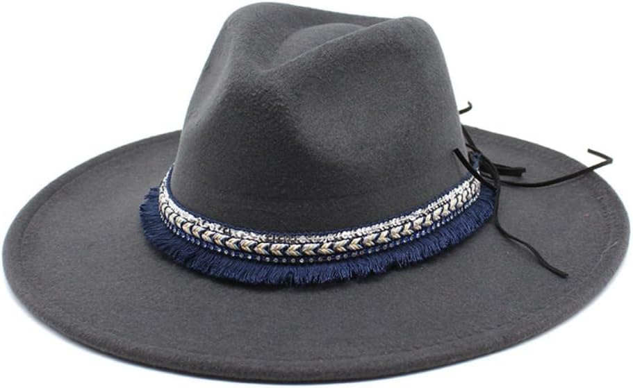 Wide Brim Wool Felt Fedora Hat, Black, Western Style with Navy Fringe Band