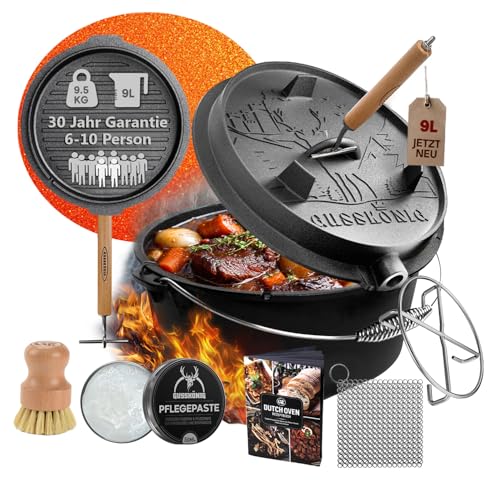 GUSSKÖNIG Dutch Oven SetEingebrannter Dutch Oven 9L [6-10 Person]Feuertopf Gusseisen ohne FüßeSchmortopf Doppelfunktion2in1 Deckelheber Untersetzer Ringreiniger Bürste Rezeptbuch-30 Jahre Garantie
