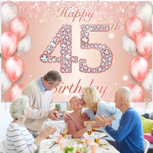 Image of Happy 45th Birthday Rose Gold Banner Cheers to 45 Years Old Backdrop Confetti Balloons Theme Decor for Women 45 Years Old Pink Birthday Party Decorations Bday Supplies Background Favors Gift Glitter