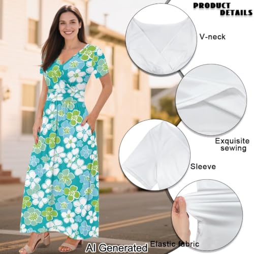 Image of Women's Fall Summer Short Sleeve Ankle Length V-Neck Party Dress with Pockets Size S-3XL
