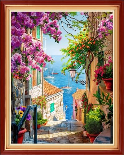 Artvxeay Stamped Cross Stitch Kits - Embroidery Kits for Beginners Cross Stitch Kits for Kids Adults 11 CT Printed Patterns Needlepoint Kits - Seaside Flower Street 16x20 inch