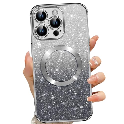Cover Magnetica per iPhone 14 Pro Glitter Custodia Compatibile con MagSafe Anti Graffi Non Ingiallente Protezione Completa Case 14 Pro con 2 Vetro Temperato nero