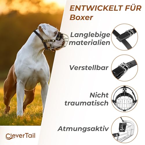 CleverTail Metall-Maulkorb für große Hunde – Körbchen-Maulkorb mit verstellbaren Lederriemen – Käfig-Maulkorb zum Verhindern von Beißen für Hunde mit kurzer Schnauze, Boxer, Bulldogge