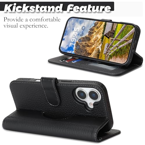 Image of Detachable Genuine Leather Case for iPhone 17 Wallet Case Magnetic 2in1 Removable Flip Cover Book Purse Compatible with Magsafe Charging Kickstand Card Holder-Black