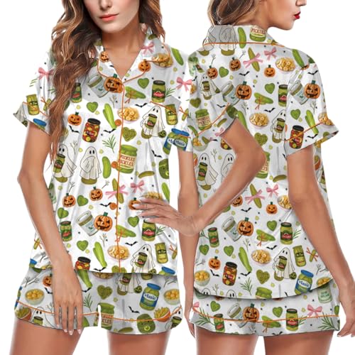 Pickle Halloween Satin Pajama Set For Women Print Comfy Satin Sleepwear & Loungewear Pjs Multi