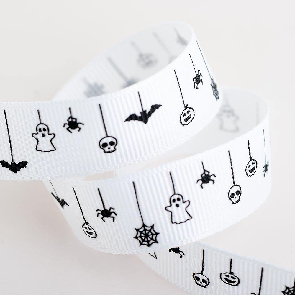 Italian Options Spooky Halloween Theme Ribbon, 16mm x 5 Metres, White Grosgrain