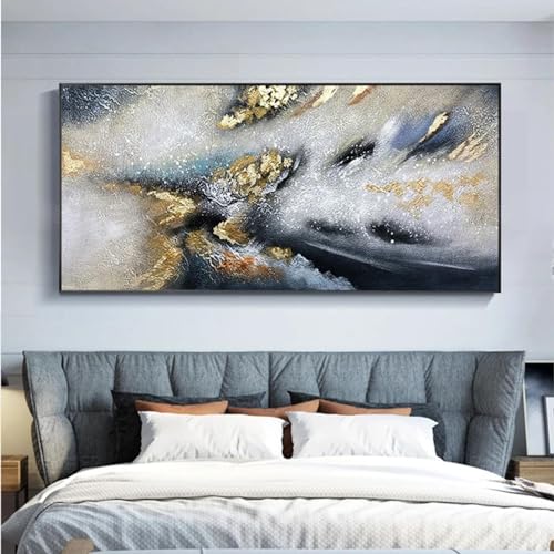 Art mural moderne tableau abstrait or et bleu 55x110 cm encadré pour salon chic