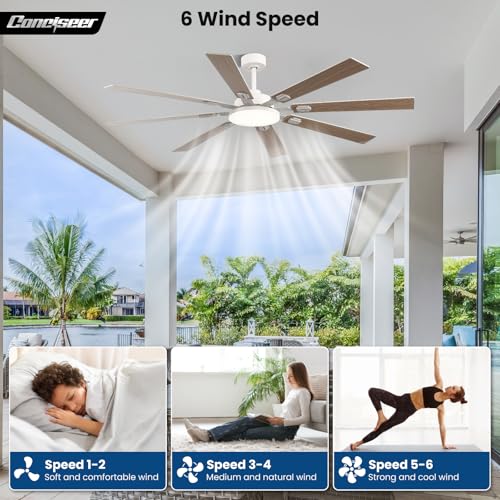 Image of 72 Inch Ceiling Fans with Lights and Remote, Dual Color 8 Blades, Bedroom Living Room Office Library Cafe Outdoor Industrial, 3CCT Dimmable, 6 Speed Reversible Quiet DC Motor, White /Wood Grain
