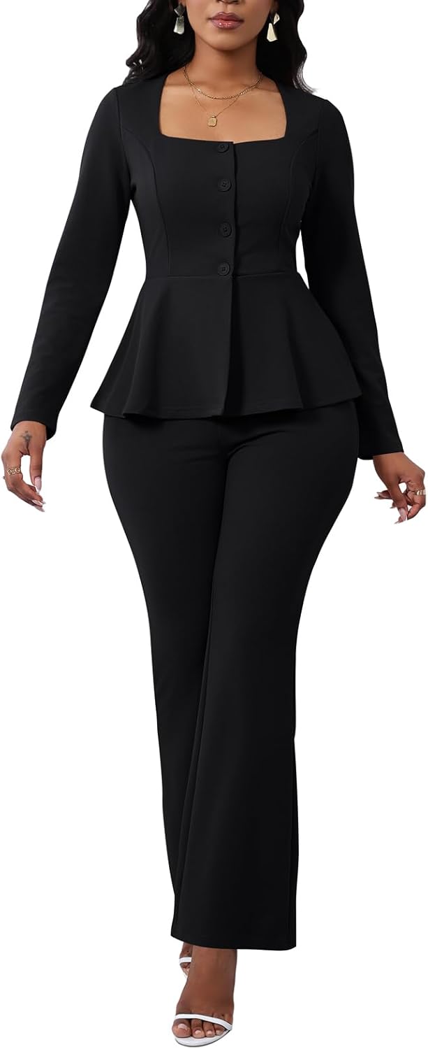 Ekaliy Women's 2 Piece Pants Suit Long Sleeve Blazer Flare Pant Set Casual Office Work Outfits