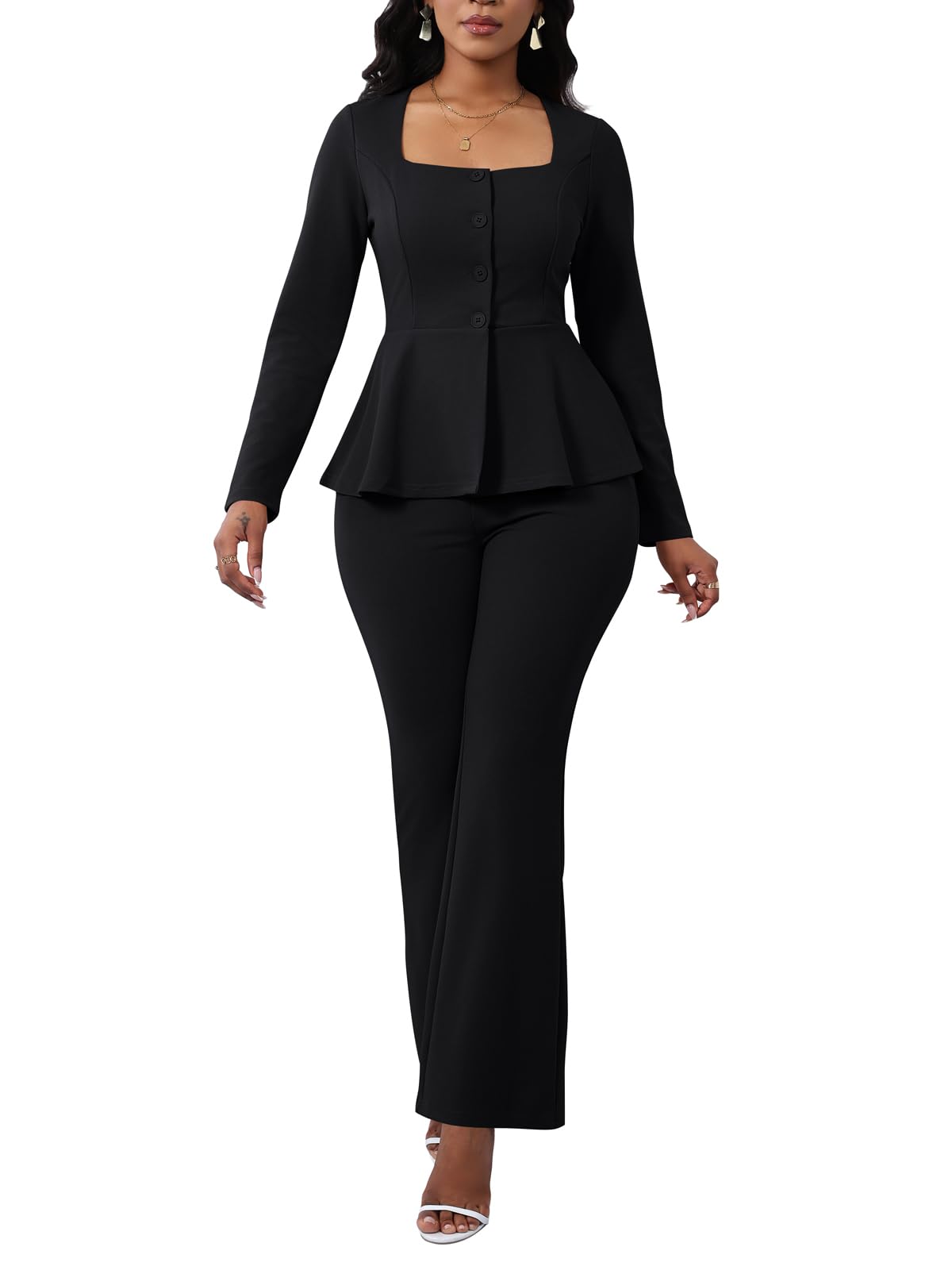 Ekaliy Womens 2 Piece Pants Suit Long Sleeve Blazer Flare Pant Set Casual Office Work Outfits
