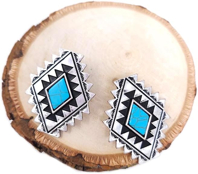 Western Squash Blossom Dangling Post Earrings Navajo Diamond Concho (Turquoise) - Image 3