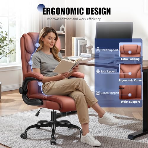 Image of Primy Office Chair, Ergonomic Leather Desk Chair with Flip-up Armrests, Big and Tall High Back Executive Computer & Gaming Chair with Footrest, Comfy Padded, Rocking Function and Lumbar Support(Brown)