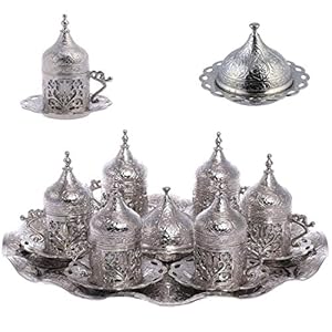 Alisveristime 6-Piece Set Turkish Espresso Coffee Cups with Saucer, Lid, Traditional Ottoman Tulip Motif (Multiple Color Variations) (Lale) (Silver)