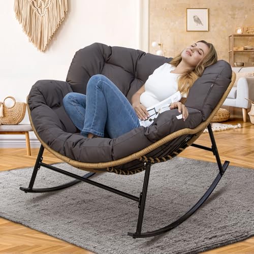 Image of NICESOUL Outdoor Papasan Rocking Chair with Padded Cushion, All-Weather Patio Egg Rocker, Large Rattan Glider Indoor, Wide Cozy Comfy Recliner Lounge Chairs for Balcony Porch Bedroom Backyard, Grey