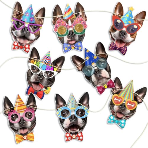 Image of Boston Terrier Birthday Garland - Photographic Boston Terrier Faces Birthday Banner, Funny American Gentleman Bday Party Decoration for BostonTerrier Lovers, Easy Assembly