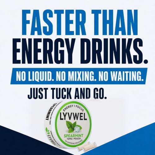 Image of LyvWel 72mg Caffeine Energy Pouches - Spearmint, Peach Sweet Tea, Pink Lemonade - Clean Energy & Focus with Guarana - 3-Pack (48 Total Pouches)