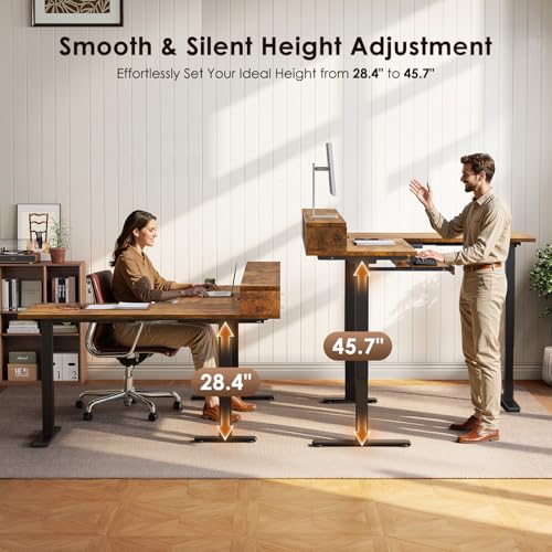 Image of OffiGo 59 Inch L Shaped Electric Standing Desk with Drawers, Rustic Brown