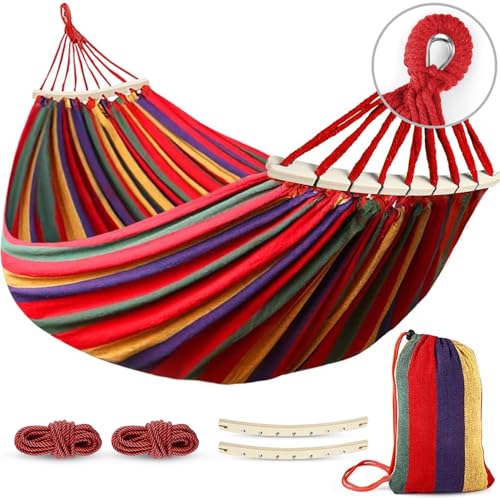 Image of MOSFiATA Hammocks Portable Camping Hammock Upgraded 550lb Comfortable Fabric Hammock with Two Anti Roll Balance Beam and Sturdy Tree Straps for Camping, Patio, Backyard, Outdoor (Colorful Stripe)