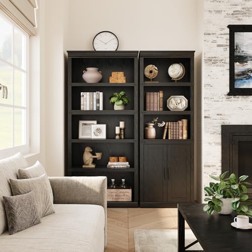 GAOMON Farmhouse Bookcases with Doors, 5 Tier Bookshelf with Storage, 70 inch Tall Bookshelf and Bookcase, Wooden Storage Cabinet for Living Room, Home, Office, Bedroom (Black)