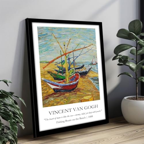 Image of Waltractive Vincent Van Gogh Paintings Framed Poster with Beautiful Quotes - Available in 33x22 and 48x33 CM - Classic Art Poster with sleek Black Frame - Elegant Home and Office Decor (Fishing Boats on the Beach, 13x19 Inch, Framed)