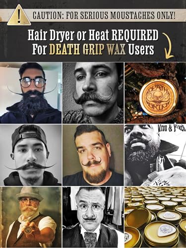 Death Grip Bartwichse Extra Starker Halt – Wärme erforderlich – Wettbewerbsqualität Schnurrbartwachs für Lenkerschnurrbart, Styling, Formen & Training | Extra Festes Moustache Wax 1oz