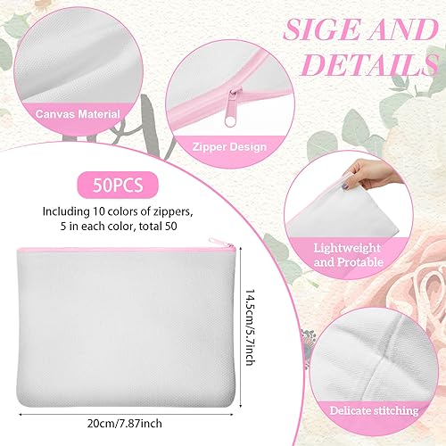 Image of Frienda 50 Pcs Sublimation Blank Canvas Makeup Bags Bulk DIY Heat Transfer Canvas Pen Case Pencil Cosmetic Makeup Bags Clear Sublimation Blank Pouch with Zipper (7.87 x 5.7 Inch,White,Pink)