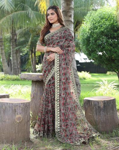 Image of Yashika Women's Georgette Saree with Lace Border |Solid Digital Printed Saree for Women