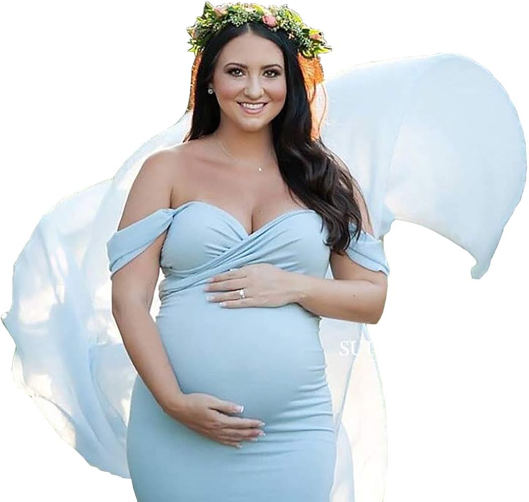 COSYOU Maternity Dress Photo Dress Off Shoulder Cotton Tops with Long Chiffon Flowy Train Maxi Dress for Maternity Photo (Sky Blue, one_Size) at  Women’s Clothing store