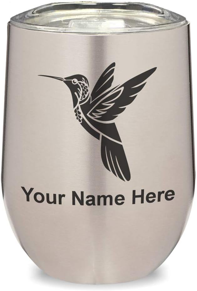 LaserGram 16oz Double Wall Stainless Steel Wine Glass Tumbler, Hummingbird, Personalized Engraving Included (Orange)
