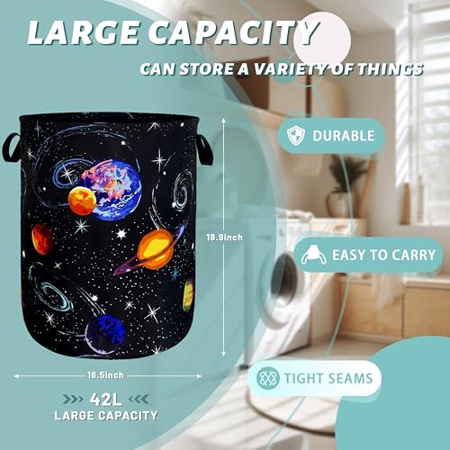 Image of Starry Sky Planets Laundry Basket Oxford Cloth Foldable Hamper 18.9x16.5 In