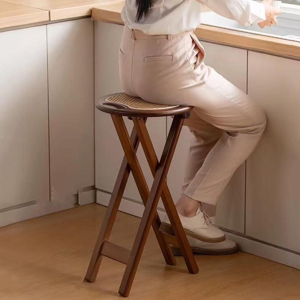 Tabourets Pliants en Bois Naturel Tabouret Pliant avec Poignée, Portable 45 60cm Tabouret Haut Pliable en Bois Massif Rond sans Dossier Tabourets De Bar ﻿(Wicker Style)