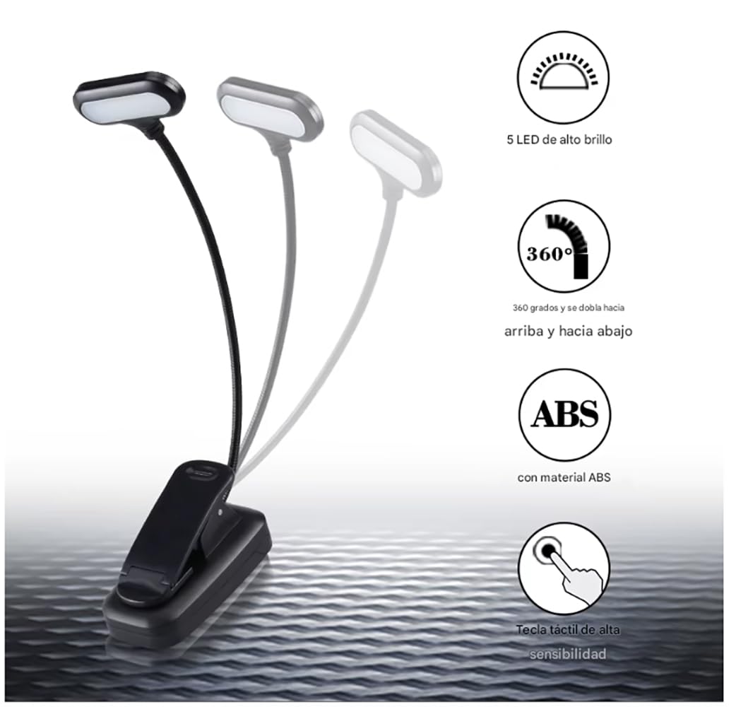 Luz lectura de libro con pinza de 5 leds, cuello flexible ajustable 360º, 3 pilas AAA NO incluidas, Lámpara portátil noche cama escritorio infantil estudiar (3 Pilas AAA NO incluidas)