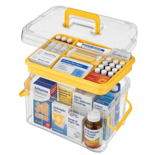Image of 15QT Clear Medicine Organizer Box with Handle, Plastic Medicine Container with Tray First Aid Box Empty, Thickened Medicine Storage Organizer Multipurpose Medication Organizer Storage, Yellow