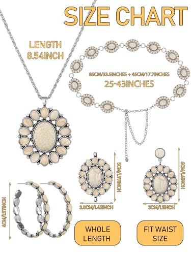 4 Pcs White Turquoise Concho Chain Belt Set Metal Western Waist Belts Turquoise Necklace Earrings Jewlery for Women2
