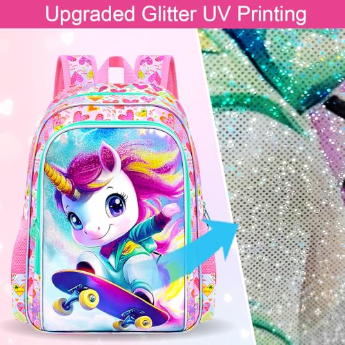 Image of HPJGD 3PCS Unicorn Preschool Backpack Set, Girls Skateboard Bookbag Set for Girls with Lunch Box, Cute Water Resistant Elementary School Bag for Toddler - Pink Unicorn on Skateboard