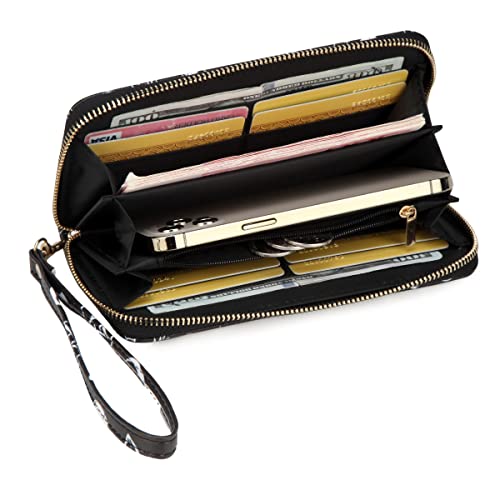 Image of Checkered Cow Print Wallet For Women Skull Goth Frog Butterfly Turtle Ladies Cluth Wristlet Wrist Strap Long Purse Zip Around Card Holder