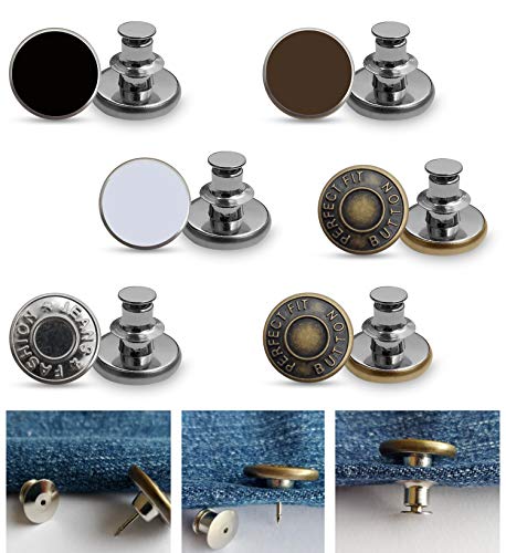 Jean Button Pins, Instant Button, Jean Buttons Replacement, Adjustable Jeans Button, Detachable No Sew needed Pants Button, Removable Button Pins for Jeans, Jackets (12 Sets/6 SETS) (6 SETS DIFFERENT)